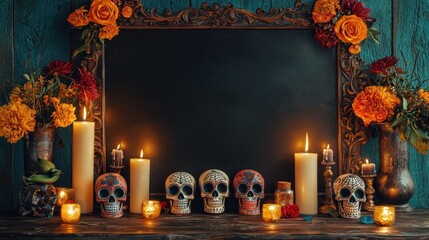 Wall Mural - day of the dead empty blackboard with sugar sculls and candles