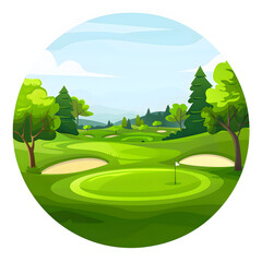 panoramic view of golf course. golf field with a rich green turf beautiful scenery isolated on white background, png