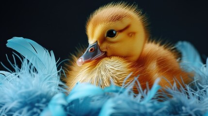 Sticker - A tiny duckling sits on a pile of bright blue feathers, a sweet and adorable scene