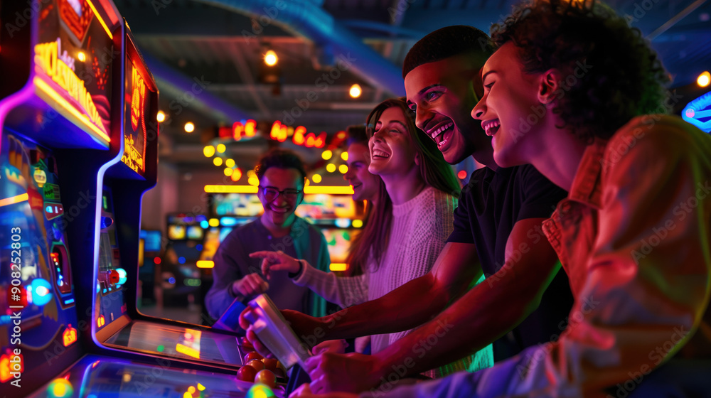 A group of friends enjoying arcade games in retro-themed arcade ...