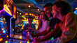 © SASI   SPACE - A group of friends enjoying arcade games in retro-themed arcade, smiling and having fun, with neon lights and arcade machines in the background. casino arcade game concept