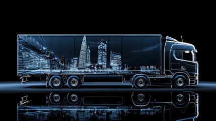 Wall Mural - Night cityscape background with a modern truck. Ideal for logistics company websites.