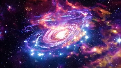Wall Mural - Zoom past a fiery nebula bursting with vibrant shades of pink purple and blue as stars are born in its swirling depths.