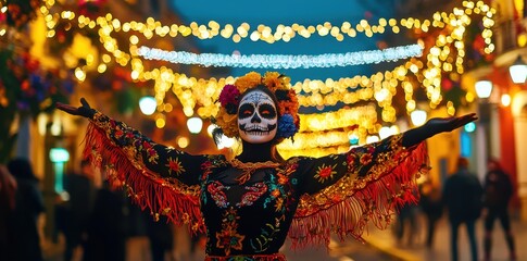 Wall Mural - girl with her face painted like a Catrina during the Day of the Dead celebration on the streets