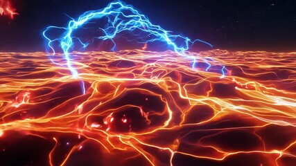 Wall Mural - An abstract otherworldly landscape filled with bursts of fiery red and electric blue representing the explosive energy of the cosmic dawn.
