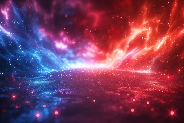 Poster - Red, white and blue rays of light radiating from the center of an abstract background.