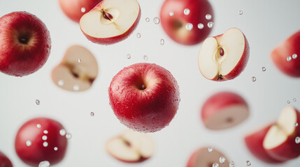 Sticker - levitation of ripe red apples halves on white background