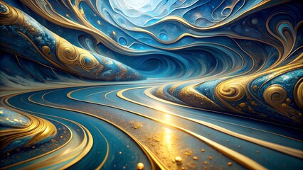 Canvas Print - The Golden Path: A Blue and Gold Marble Journey to the Unknown  Generative AI