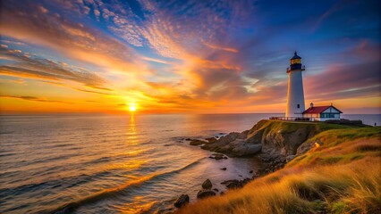 Wall Mural - A Coastal Sunset with a Distant Lighthouse  Generative AI