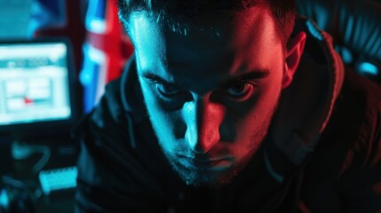 Skilled programmer intensely codes in a dark office, illuminated by red and blue lights, focusing on cybersecurity tasks