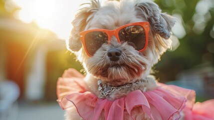 Wall Mural - A small dog posing in sunglasses and a pink dress, perfect for use in illustrations or as a standalone image