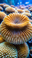 A closeup of live Fungia, or plate coral. Fungia corals are large free-living corals that consist of one large polyp and usually a single mouth