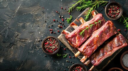 Wall Mural - Fresh pork ribs with aromatic spices and herbs on rustic table top view with copy space