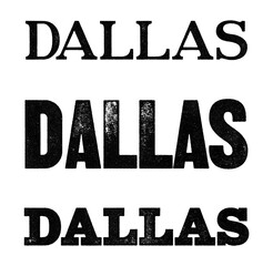 Dallas city name written in distressed vintage serif, sans serif and slab serif styles isolated on transparent background