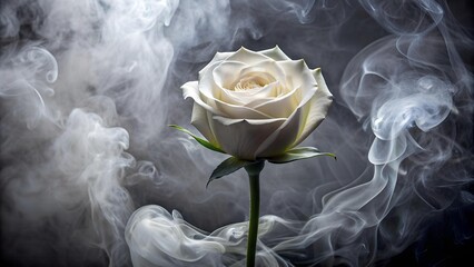 Poster - Ethereal Bloom: A Single White Rose Emerging from a Swirling Abyss of Smoke  Generative AI