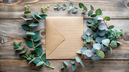 Wall Mural - Rustic Elegance: Eucalyptus Greenery Wedding Invitation Mockup with Wooden Background  AI Generated