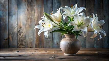 Sticker - A Symphony of White:  Delicate Lilies in a Vintage Vase on a Rustic Wooden Table  Generative AI