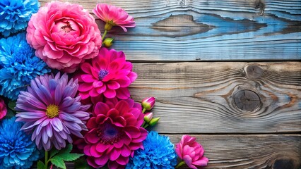 Sticker - A Symphony of Pastel Hues: Pink and Blue Flowers on Weathered Wood  generative AI