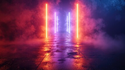 Wall Mural - Futuristic Sci-Fi Abstract Blue And Purple Neon Light Shapes On a Black Background And Reflective Concrete With Empty Space For Text 3D Rendering