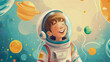© Nemanja - Happy smiling little boy astronaut in space, cartoon illustration. Kid or child cosmonaut wearing helmet and suit, universe cosmos galaxy exploration, explore adventure
