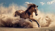 © Nemanja - Beautiful brown horse running or galloping in desert outdoors, cloud of dust behind him. Strong equestrian stallion freedom, action, beauty, force, power, male