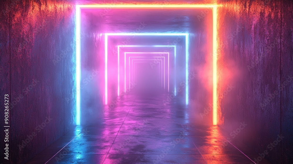 Futuristic Sci-Fi Abstract Blue And Purple Neon Light Shapes On a Black ...