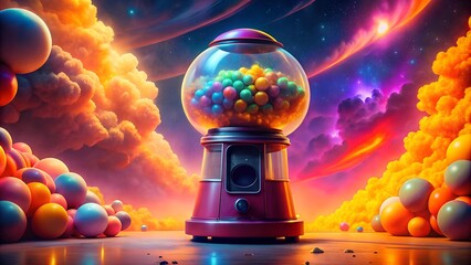 Wall Mural - gumball symphony: a retro-futuristic gumball machine in a vibrant tangerine dreamscape generative ai