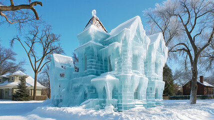 Frozen ice castle building. Fantasy winter holiday palace, tourism landmark sculpture architecture, frost, snow, cold, outdoor