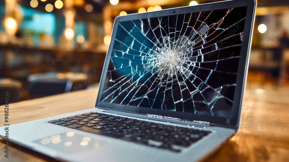Ruined Computer Screen Broken black display screen on laptop notebook computer. Shattered ...
