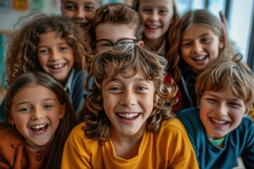 Wall Mural - Group of happy children smiling and having fun in front of camera