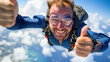 © Nemanja - Closeup of happy smiling man skydiving, wearing glasses and parachute backpack. Funny air jump sport, extreme adrenaline and freedom, professional falling down, excited jumper in action, free fall