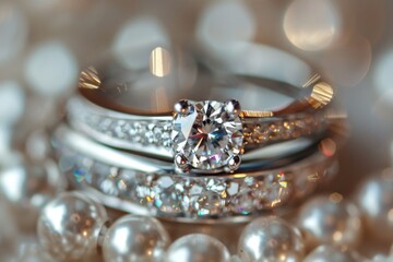 Sticker - A detailed view of a wedding ring resting on a bed of pearls, perfect for jewelry and romantic occasions