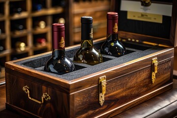 Canvas Print - Three wine bottles stored in a wooden crate