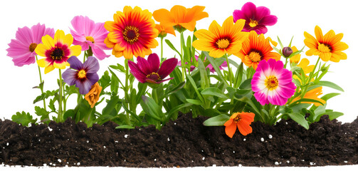 various colorful flowers in garden soil ground isolated on transparent background. gardening and bot