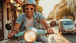 © Nemanja - Happy smiling young man wearing helmet and sunglasses, riding or driving a scooter at sunset on city street. Summer vehicle transportation, outdoor travel, Caucasian guy
