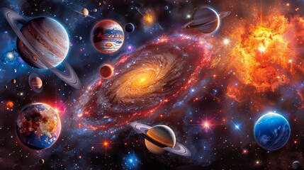 This is an illustration of a beautiful space background with planets and stars. The image is full of vibrant colors and would make a great background for any project.