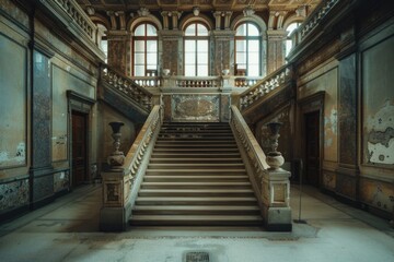 Sticker - A historic building staircase with numerous windows, perfect for use as a background or property image