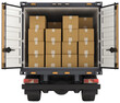 © Nemanja - Rear back view of truck full of cardboard box packages isolated. Cargo delivery and shipping transportation vehicle with trailer, warehouse logistic shipment distribution service, freight business