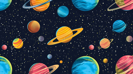 Wall Mural - colorful planets on dark black starry night sky illustration background. outer space universe cosmos