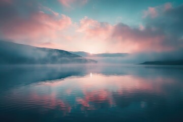 Wall Mural - serene lake scene with sunset in background, great for travel or nature photography
