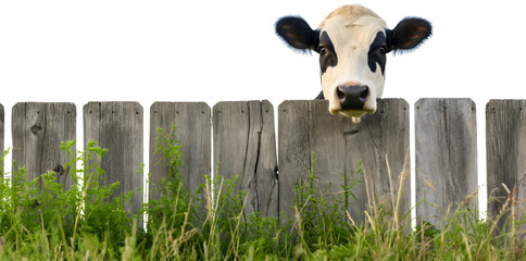 White black cow cattle animal standing behind grass and wooden fence, isolated. Rural countryside village domestic livestock, old rustic farm ranch gate, mammal on pasture meadow