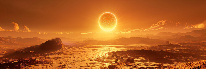 Wall Mural - sun in the sky over desert planet surface