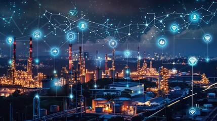 Industrial Complex with Connected Technology Icons at Night