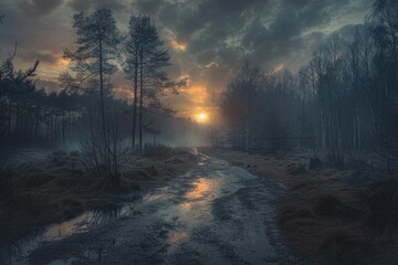 Canvas Print - A rural dirt road surrounded by trees and foliage in a dense forest