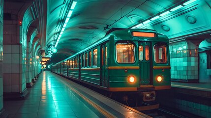 Green train arriving at empty underground subway metro station at night, nobody. Public city transport vehicle on railway railroad platform, transit travel journey, architecture, wagon, industry