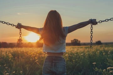 Canvas Print - A woman stands in a field holding a chain, possibly symbolizing freedom or connection