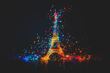 Color glowing eiffel tower, on dark background, with hearts, abstract art stylization, wallpapers, copyspace