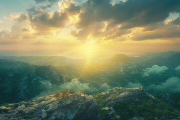 Wall Mural - A person stands on the top of a mountain, enjoying the breathtaking view of the sunset