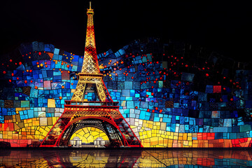 Color glowing eiffel tower, on dark background, abstract art stylization, wallpapers, copyspace