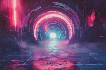 Canvas Print - A dark tunnel with a neon light at the end, perfect for representing a path to discovery or escape